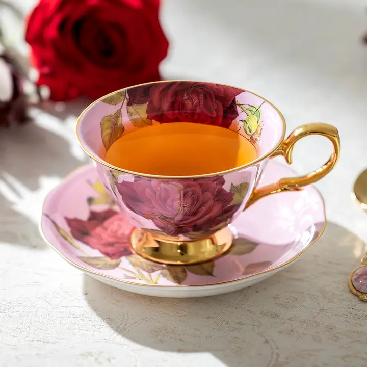 Gold Pink Stem Rose Tea Cup & Saucer – 7oz Bone China