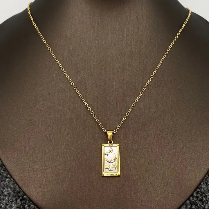 Star Moon Tarot 18K Gold Plated Steel Necklace -Fgs/Ms