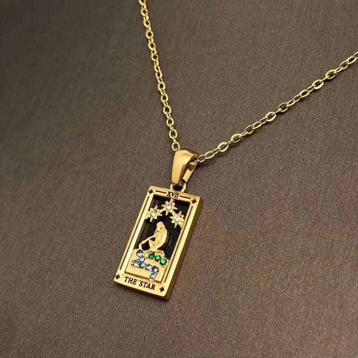 Star Moon Tarot 18K Gold Plated Steel Necklace -Fgs/Ms