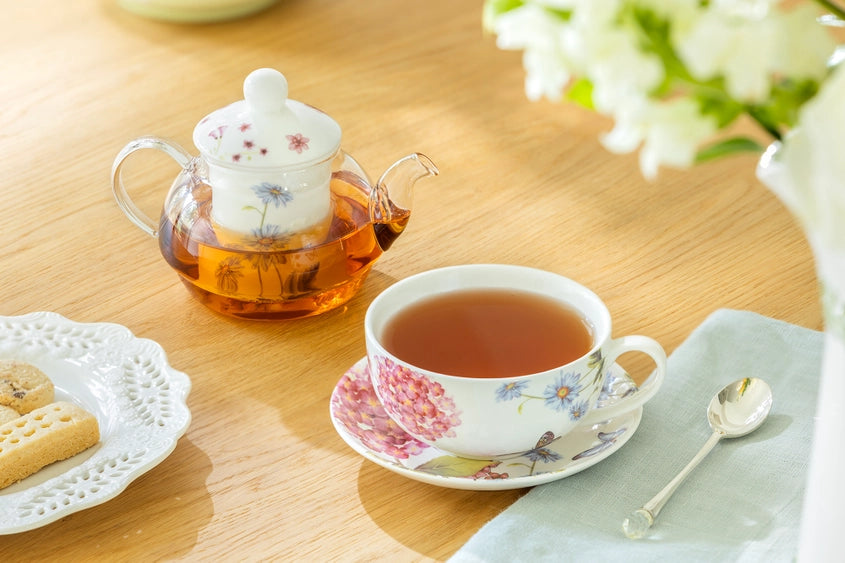 Hydrangea & Butterflies Tea For One Set – Glass & Porcelain Teapot with Cup