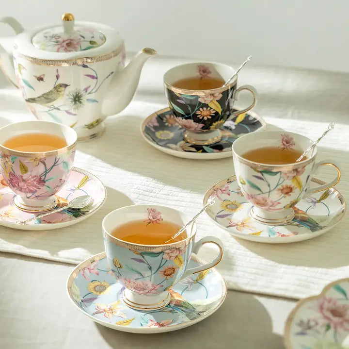 Spring Flowers & Hummingbird Porcelain Tea Cup & Saucer Set – Set of 4