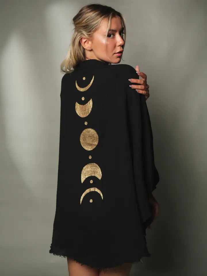 Black &Gold Moon Phases Muslin Kimono Robe / Poncho
