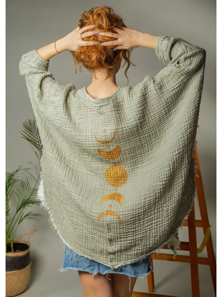 Black &Gold Moon Phases Muslin Kimono Robe / Poncho