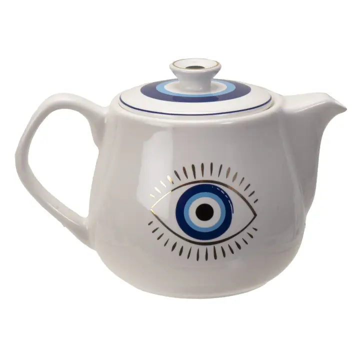 All Seeing Eye Teapot with Strainer – White Ceramic