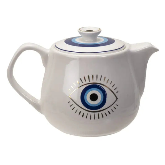 All Seeing Eye Teapot with Strainer – White Ceramic