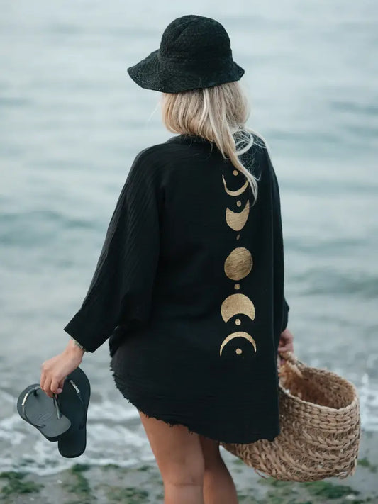Black &Gold Moon Phases Muslin Kimono Robe / Poncho