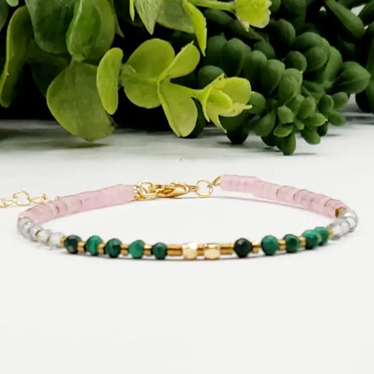 Cancer Healing Harmony Gemstone Bracelet — Malachite, Clear Quartz & Rose Quartz