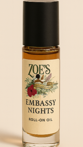 Roll-on oil bottle labeled 'Zoe's Embassy Nights' on a beige background