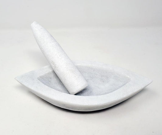 Boat-Shape White Marble Mortar & Pestle — Premium Herb & Spice Grinder
